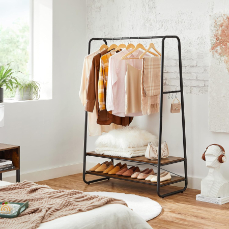 VASAGLE Raft pentru haine cu suport pentru pantofi, 2 polite, 6 carlige laterale, 45x100x160cm, maro rustic [3]