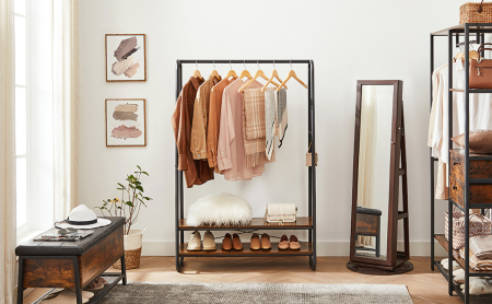 VASAGLE Raft pentru haine cu suport pentru pantofi, 2 polite, 6 carlige laterale, 45x100x160cm, maro rustic [2]