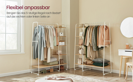 VASAGLE Raft pentru haine cu suport pentru pantofi, 5 polite, 6 carlige laterale, 45x120x160cm, alb [8]