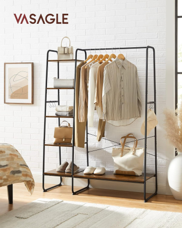 VASAGLE Raft pentru haine cu suport pentru pantofi, 5 polite, 6 carlige laterale, 45x120x160cm, maro rustic si negru [1]