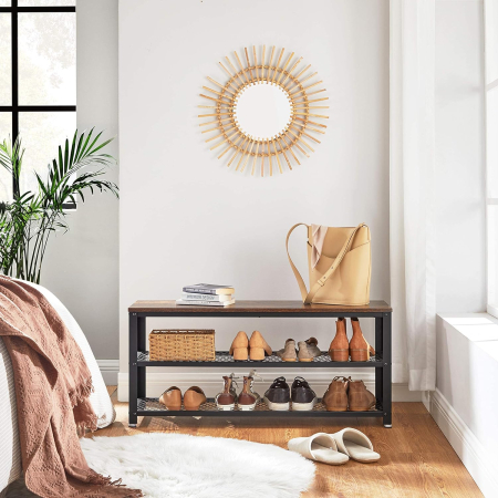 VASAGLE Raft pentru pantofi cu 2 polite, 100x30x45cm, otel, stil industrial, maro rustic si negru [5]