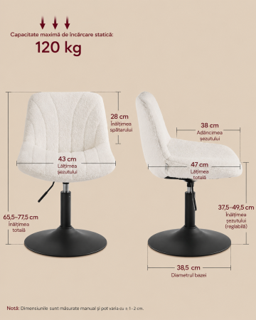 Scaun cu spatar pentru masa de machiaj, reglabil pe inaltime, rotativ 360°, tapiterie sherpa, 47x43x78 cm, alb crem [7]