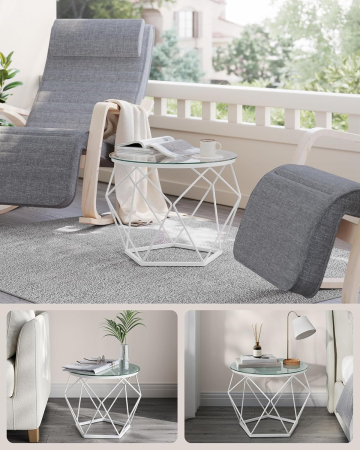 VASAGLE Set 2 masute rotunde, blat sticla securizata, cadru metalic alb, 40 si 50 cm, alb [7]