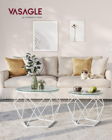 VASAGLE Set 2 masute rotunde, blat sticla securizata, cadru metalic alb, 40 si 50 cm, alb [5]