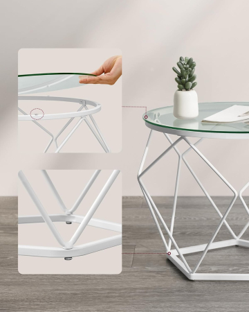 VASAGLE Set 2 masute rotunde, blat sticla securizata, cadru metalic alb, 40 si 50 cm, alb [3]