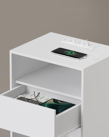 VASAGLE Set 2 noptiere cu porturi USB si prize, sertar si rafturi deschise, 45x35x58 cm, alb mat [4]