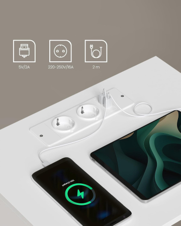 VASAGLE Set 2 noptiere cu porturi USB si prize, sertar si rafturi deschise, 45x35x58 cm, alb mat [3]