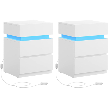 Noptiere - Set 2 noptiere din MDF cu iluminare LED, culori si intensitate reglabile, 35x40x55cm, alb
