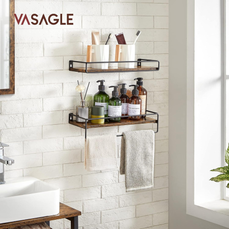 VASAGLE Set 2 rafturi perete cu bara metalica, stil industrial, 40x16x9 cm, maro rustic [5]