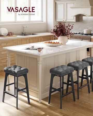 VASAGLE Set 2 scaune bar cu tapiterie piele ecologica, picioare din lemn, 44x32x66 cm, negru [1]