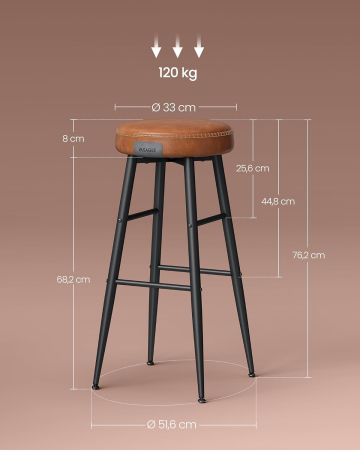 Set 2 scaune bar Ekho, tapitate PU, inaltime sezut 76 cm, 52x76 cm, maro caramel [1]