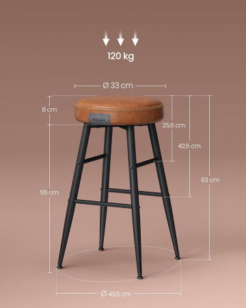 Set 2 scaune bar EKHO, tapiterie PU, cadru metalic, 50x50x63 cm, maro caramel [1]
