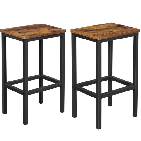 Bucatarie - Set 2 scaune bar inalte, sezut dreptunghiular, cadru din otel, 40x30x65cm, stil industrial, maro rustic si negru