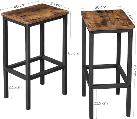 Set 2 scaune bar inalte, sezut dreptunghiular, cadru din otel, 40x30x65cm, stil industrial, maro rustic si negru [2]