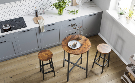 Set 2 scaune bar inalte, sezut rotund, cadru din otel, inaltime 65 cm, stil industrial, maro rustic si negru [7]