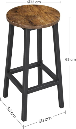 Set 2 scaune bar inalte, sezut rotund, cadru din otel, inaltime 65 cm, stil industrial, maro rustic si negru [2]