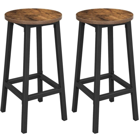 Bucatarie - Set 2 scaune bar inalte, sezut rotund, cadru din otel, inaltime 65 cm, stil industrial, maro rustic si negru