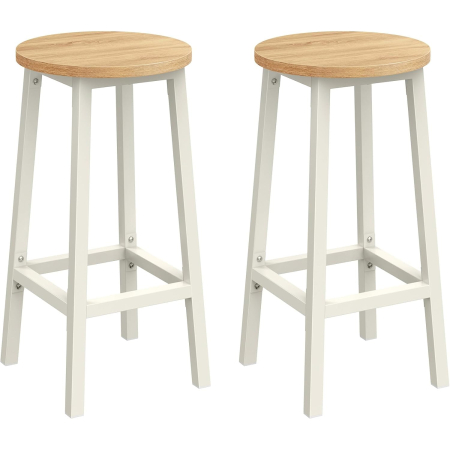 Scaune bucatarie & living - Set 2 scaune bar inalte, sezut rotund, cadru din otel, inaltime 65 cm, stil industrial, stejar bej