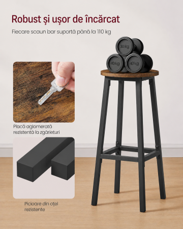 Set 2 scaune bar inalte, sezut rotund, cadru din otel, inaltime 74 cm, stil industrial, maro rustic si negru [2]