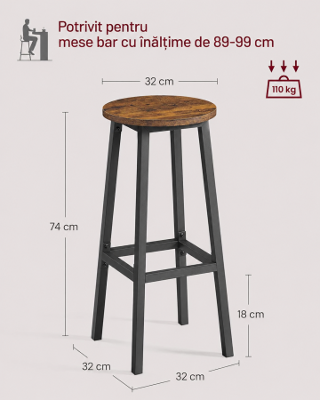 Set 2 scaune bar inalte, sezut rotund, cadru din otel, inaltime 74 cm, stil industrial, maro rustic si negru [3]