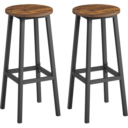 Bucatarie - Set 2 scaune bar inalte, sezut rotund, cadru din otel, inaltime 74 cm, stil industrial, maro rustic si negru