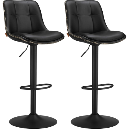 Scaune bucatarie & living - Set 2 scaune bar reglabile pe inaltime, rotative 360Â°, cu spatar si suport pentru picioare, tapiterie PU, 44x38x(90-112) cm, negru