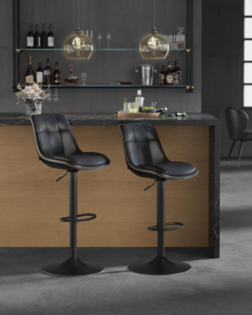 Set 2 scaune bar reglabile pe inaltime, rotative 360Â°, cu spatar si suport pentru picioare, tapiterie PU, 44x38x(90-112) cm, negru [5]
