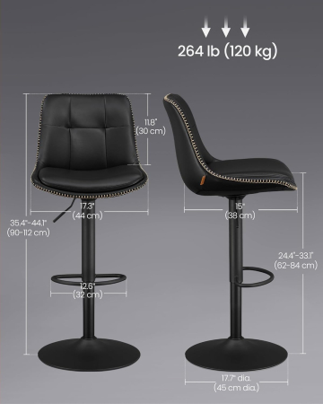 Set 2 scaune bar reglabile pe inaltime, rotative 360Â°, cu spatar si suport pentru picioare, tapiterie PU, 44x38x(90-112) cm, negru [2]