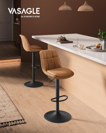Set 2 scaune bar reglabile, rotative 360Â°, tapiterie PU, cadru metalic, 44x30x90-112 cm, maro caramel [4]