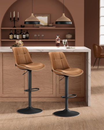 Set 2 scaune bar reglabile, rotative 360Â°, tapiterie PU, cadru metalic, 44x30x90-112 cm, maro caramel [7]
