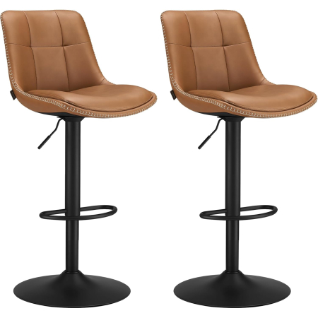Bucatarie - Set 2 scaune bar reglabile, rotative 360Â°, tapiterie PU, cadru metalic, 44x30x90-112 cm, maro caramel