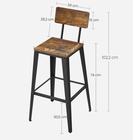 VASAGLE Set 2 scaune de bar, inalte cu spatar, industrial, 45x45x102cm, maro rustic si negru [5]