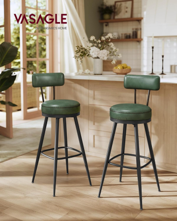Set 2 scaune bar rotative 360 cu spatar, piele ecologica PU, spuma 8 cm, cadru otel mid-century, max 120 kg, 57x35x101 cm, verde [5]