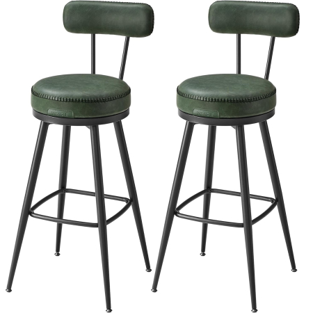 Living & hol - Set 2 scaune bar rotative 360 cu spatar, piele ecologica PU, spuma 8 cm, cadru otel mid-century, max 120 kg, 57x35x101 cm, verde