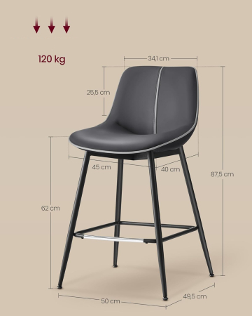 Set 2 scaune de bar, spatar ergonomic din piele artificiala, cadru metalic, 50x50x88 cm, negru [2]