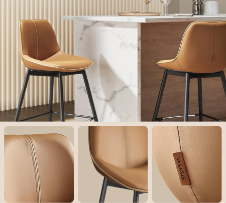 VASAGLE Set 2 scaune de bar, spatar ergonomic din piele ecologica, cadru metalic, 50x50x99 cm, maro caramel [4]