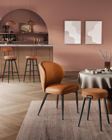 Set 2 scaune dining bucatarie EKHO, tapitate cu piele ecologica si picioare metalice, 55x52x81 cm, maro caramel [6]