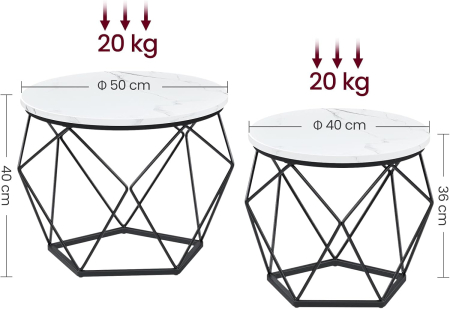 Set de 2 mese de cafea, blat detasabil, stil industrial, 50x40cm si 40x36cm, alb si negru [1]