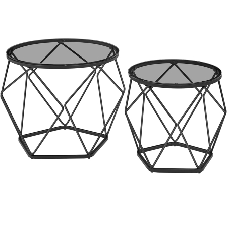 Living & hol - Set de 2 mese de cafea rotunde, cadru otel si blat detasabil din sticla, 40cm si 50cm, negru