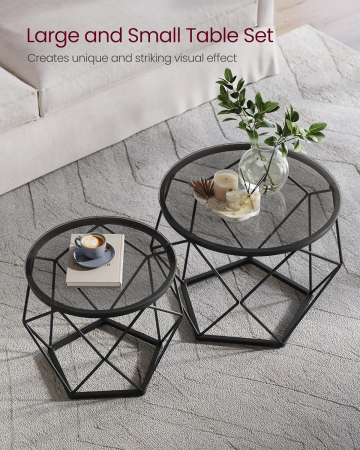 Set de 2 mese de cafea rotunde, cadru otel si blat detasabil din sticla, 40cm si 50cm, negru [3]