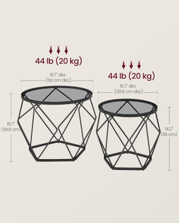 Set de 2 mese de cafea rotunde, cadru otel si blat detasabil din sticla, 40cm si 50cm, negru [2]