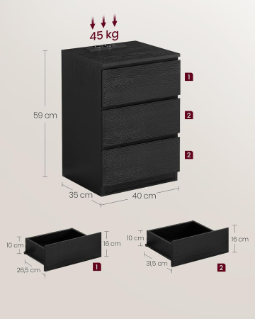 Set de 2 noptiere, cu sertare, 2 prize si 2 USB, 35x40x59 cm, negru [2]