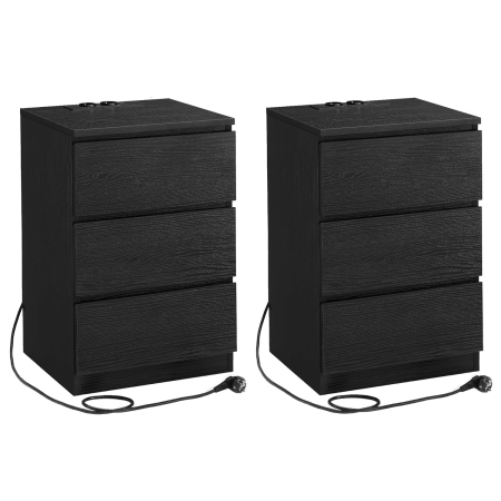 Dormitor & birou - Set de 2 noptiere, cu sertare, 2 prize si 2 USB, 35x40x59 cm, negru