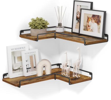 VASAGLE Set de 2 rafturi plutitoare de colt in forma de L, stil industrial, 40x29x14cm, maro rustic și negru [1]