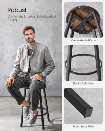 VASAGLE Set de 2 scaune de bar inalte cu spatar, cadru din otel, industrial, 51x89cm, maro rustic [4]