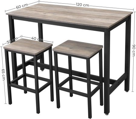 Set masa bar cu 2 scaune, cadru metalic, stil industrial, 120x60x90 cm, gri stejar [5]