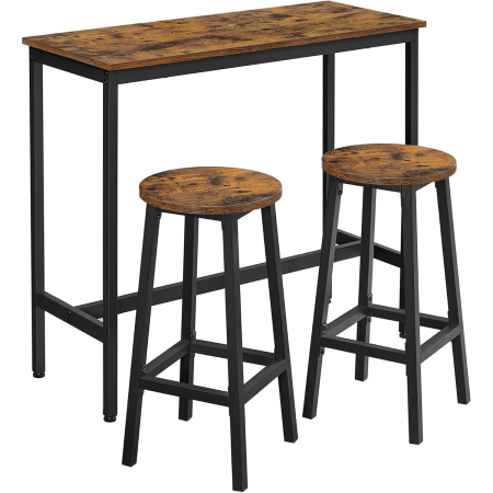 Mese bucatarie si living - VASAGLE Set masa bar cu 2 scaune rotunde, cadru metalic, stil industrial, 100x40x90 cm, maro rustic