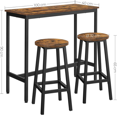 VASAGLE Set masa bar cu 2 scaune rotunde, cadru metalic, stil industrial, 100x40x90 cm, maro rustic [1]