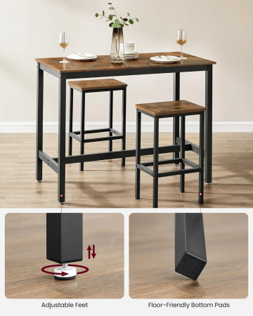 VASAGLE Set masa de bar cu 2 scaune, cadru din otel, blat lemn, stil industrial, 120x60x90cm, maro rustic [8]