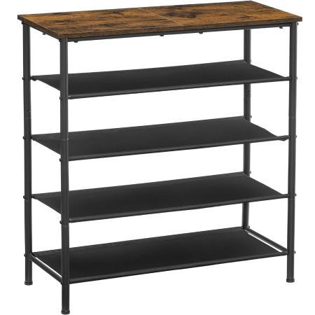 Pantofare - VASAGLE Suport pantofi 75x30x91 cm, 5 niveluri, rafturi textile si blat PAL, cadru metalic, maro rustic si negru